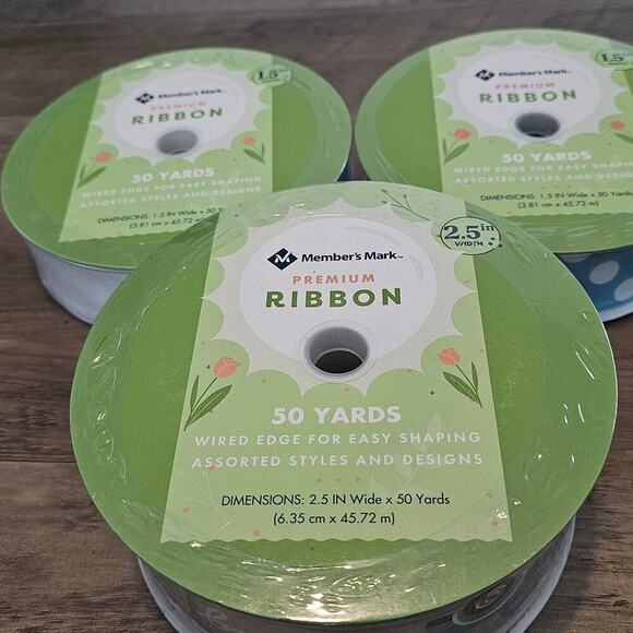 Members Mark Ribbon 50 Yards Wired Spring 1.5" 2.5" 3 Set Blue Truck Polka Dot - Picture 5 of 8